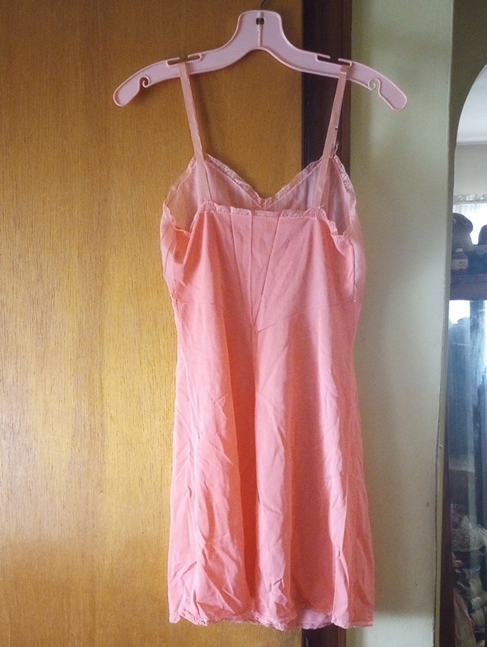 Rogers Peach Coral Nylon & Lace Vintage Slip w/ Adjustable Straps, Size 34 - Picture 3 of 6